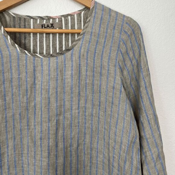 Flax Linen Long Sleeve Multicolored Striped Popover Shirt Women's Size P / XS - Picture 2 of 5